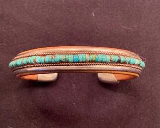 Item # 39 Charlie Favour sterling, inlaid turquoise and leather cuff, $95