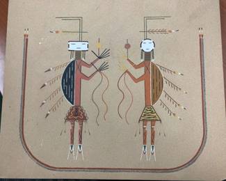 Item # 24 Large Amelia Watchman (Navajo 20th C) 'Feather Chant' sand painting on board, 20" x 24", $125