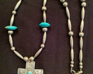 Item #36 Dennis Kalisteo (Navajo) sterling and turquoise cross necklace, $250