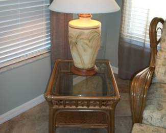 2nd Kane Furniture Rattan & Glass End Table ; 2nd Pottery Palm Tree Table Lamp