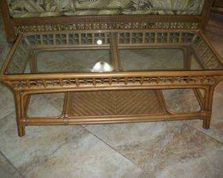 Kane Furniture "Tropic Natural" Rattan and Glass Coffee Table.