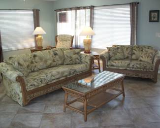 7pcs. Kane Furniture "Tropic Natural " Sofa, Loveseat, Wing back chair w/ottoman, 2 - Rattan & Glass End Tables and Rattan & Glass Coffee Table ; Pair of Pottery Palm Tree Table Lamps w/ 3 way switch.