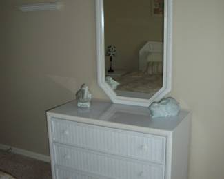 White Wicker & Wood 3 Drawer Dresser with Mirror