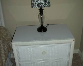 White Wicker & Wood 2 Drawer Nightstand ; 1 of 2 Black & Clear Vanity/Bedside Lamp(s).