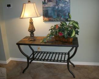 Metal Sofa Table with Slate tile top ; Table Lamp ; Faux Greenery.
