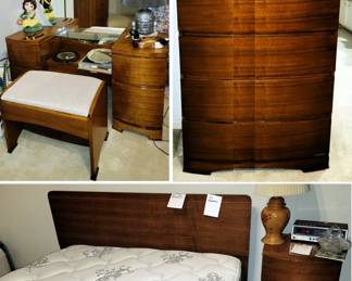 Antique Art Deco Furniture. Full size headboard and gently used mattress, one side table, chest of drawers and fantastic vanity