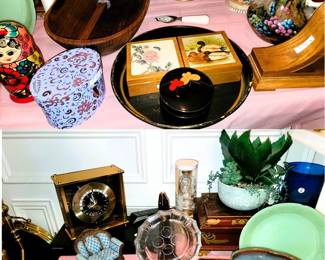 Home Decor: clocks, figurines, plates. Jadeite plate, bowls and pitchers