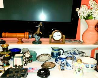 Blue and white porcelain bowls and pitchers, urns, dolphin figurine, cloisonne vase, Dansk candle holder