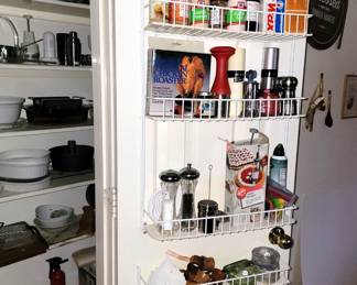 Salt and peppers, grinders, utensils, Corning French White and Cornflower blue, Tupperware and storage containers, gadgets