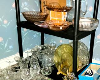 Crystal stemware, American Fostoria, Depression glass pink and yellow, Oriental plates