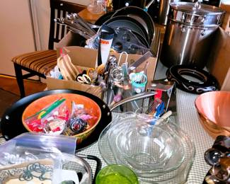 Pots and pans, Pyrex cinderella bowls, tumblers, plates and platters, Instapot, Stock Pots, Skillets, Utensils