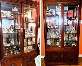 Pair of Oriental style display cases full of collectibles and David Winter Castles