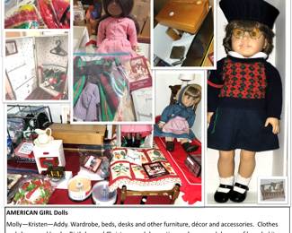 Large lot of adult-owned American Girl Dolls (Kristen, Molly, Addy) with furniture, clothing, decor and outfits