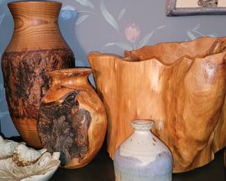 Live edge, natural wood vases and natural wood carved bowl