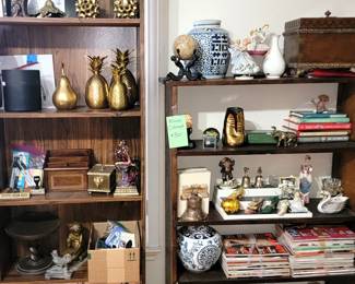 Home Decor, boxes, candle holders, figurines, brass pineapple set, blue and white urns, dog book ends. Complete Tom Swift Book Set