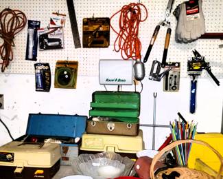 Fishing poles and tackle boxes, garage items