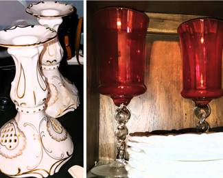 Cranberry glass large candle holders, porcelain candle holder set