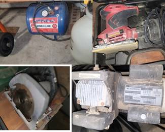 Garage power tools including Caufield Compressor, sander, mobile air and circular saw