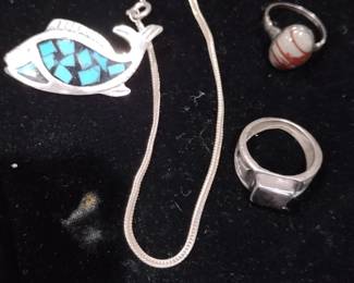 Sterling silver rings bracelet and a signed brooch