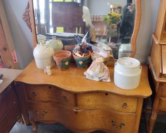 Serpentine front Tiger oak 3 drawer chest with large mirror (Not attached)