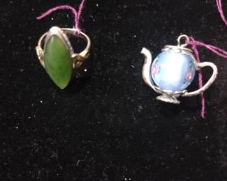 Sterling teapot charm and sterling ring.