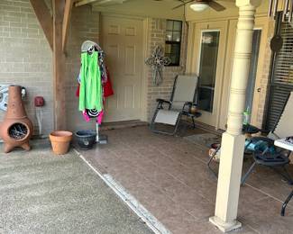 Patio chairs, swim wear and Chimanea (one front support leg is broken)