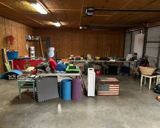 Garage with some tools, exercise equipment
