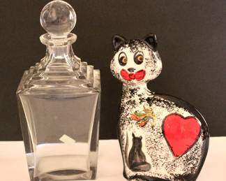 Mid-century modern cat decor and vintage glass decanter