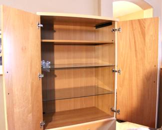 Tall mid-century modern matching storage with drawers and glass shelving