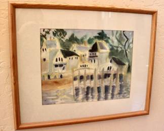 Houses by the lake watercolor artwork