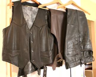 Leather motorcycle vests and pants and chaps