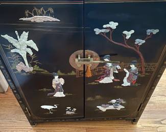Vintage Chinese Chinoiserie Cabinet, Mother of Pearl, Jade, Coral