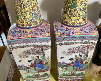 Vintage 1970's PAIR Chinese Rose Famille Vases