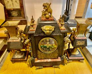 Antique 18th Century Bronze French Mantel Ornate Gilt Gold, Foo Dogs, Marble, With Clock Garnitures