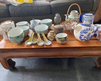Antique Chinese Table. Filled with Noodle/Rice Bowls, Tea Pots