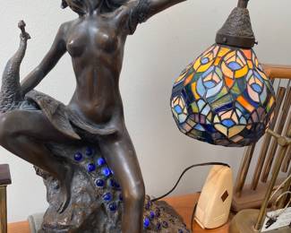  Art Deco Bronze   Peacocks , Glass Shade 23.5 H