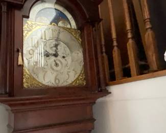 Antique English Grandfather Clock, Moon Face, Walnut Case Brass Weights, Runs!