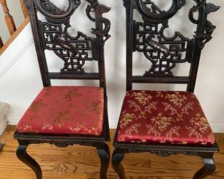Antique 19th Century Chinese RARE PAIR Dragon/Mouse Figural Side Chairs, With Red Silk Fabric