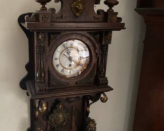 Antique Late 1800's German, Mahogany, Figural Decorations, Runs Excellent, Keeps Time