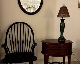 Bombay Small round Side table 27" tall and 22" wide $85  Black Bow Back side chair  from Liberty Treasures hard wood black finish  23" x21"x 39" $150