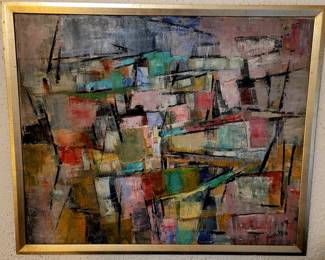 Large Pierre Mantra abstract oil, 1957. Listed French artist