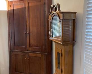 Antique one piece corner cupboard, Grandmother clock