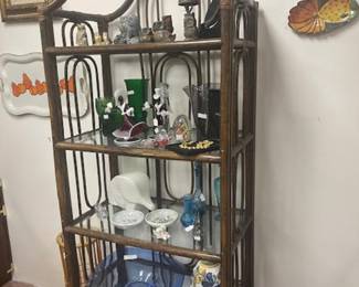 Rattan shelf, glassware