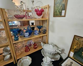 Tureens, antique framed religious art