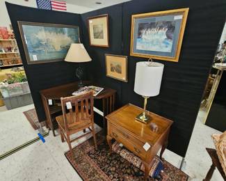 Corner desk, oak chair. side table, great art!