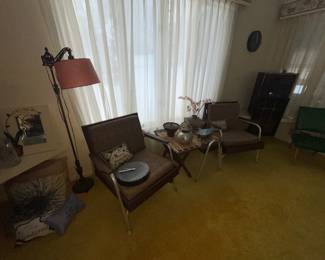 mid-century modern chairs and side table