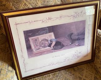 Girl and Cat Themed Framed Print "A Reading Lesson"
