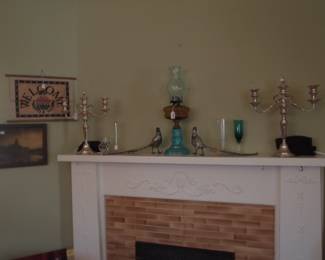 Pheasants and Antique blue lamp and mint plated candleabrae