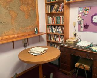 office furniture, vintage wall map and  built in shelving - you remove