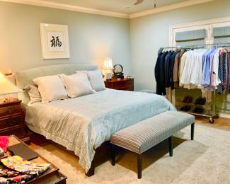 Custom King Mahogany Bed Frame w/Velvet Upholstered Headboard 